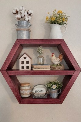 Hexagon Wooden Wall Shelf Varnished Red Wood 2 Shelves Wall Mounted Rustic