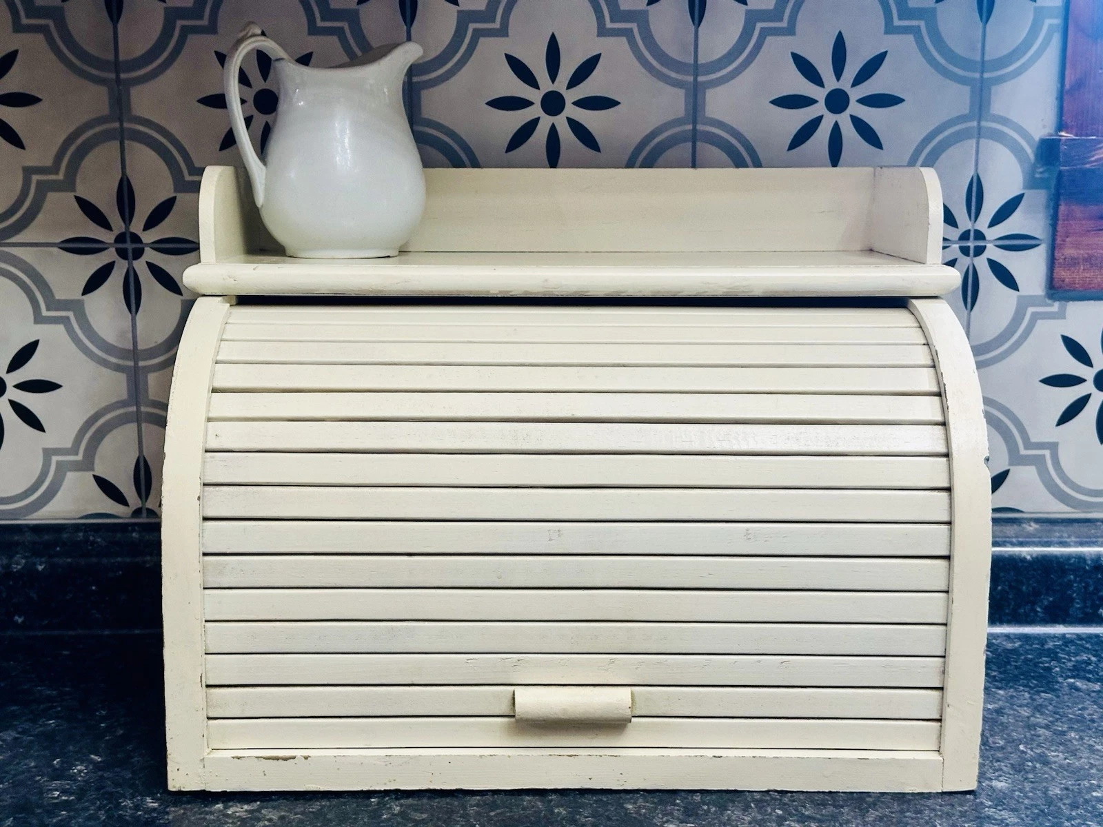 Vintage Cream Off White Roll Top Bread Box W/ Shelf Kitchen Storage Decor