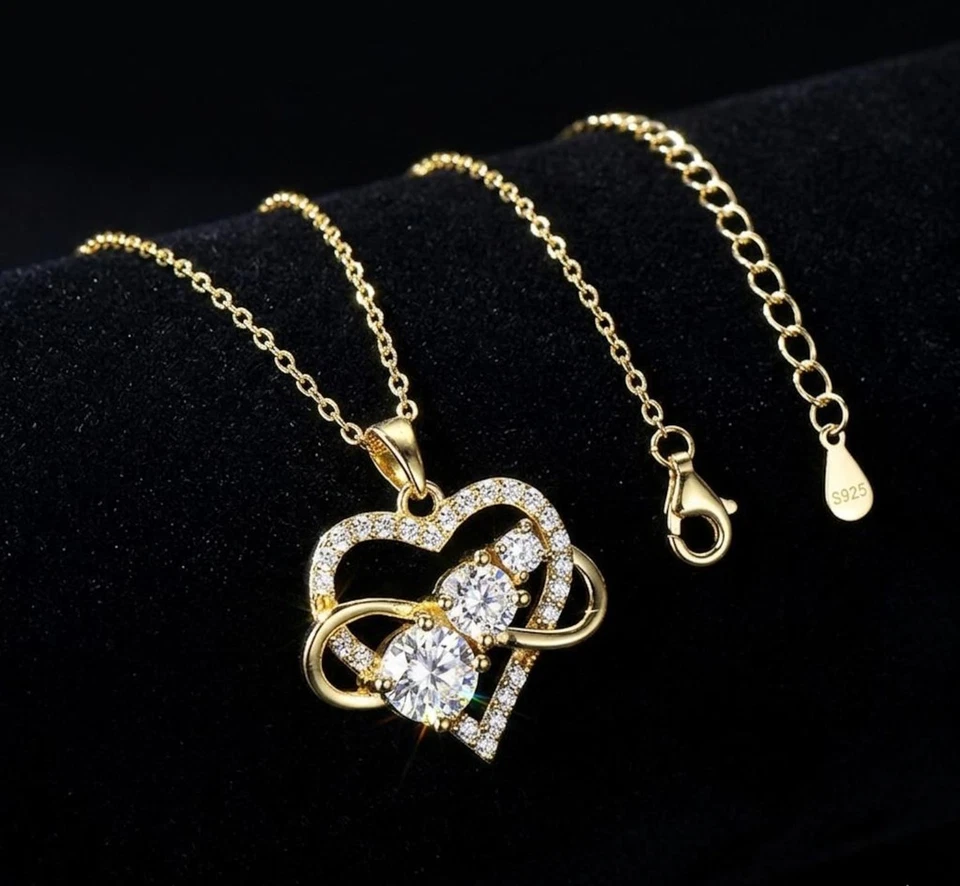 2crt Infinity Herz Moissanit Halskette 925 Sterling Silber Goldplattiert - Bild 1 von 4