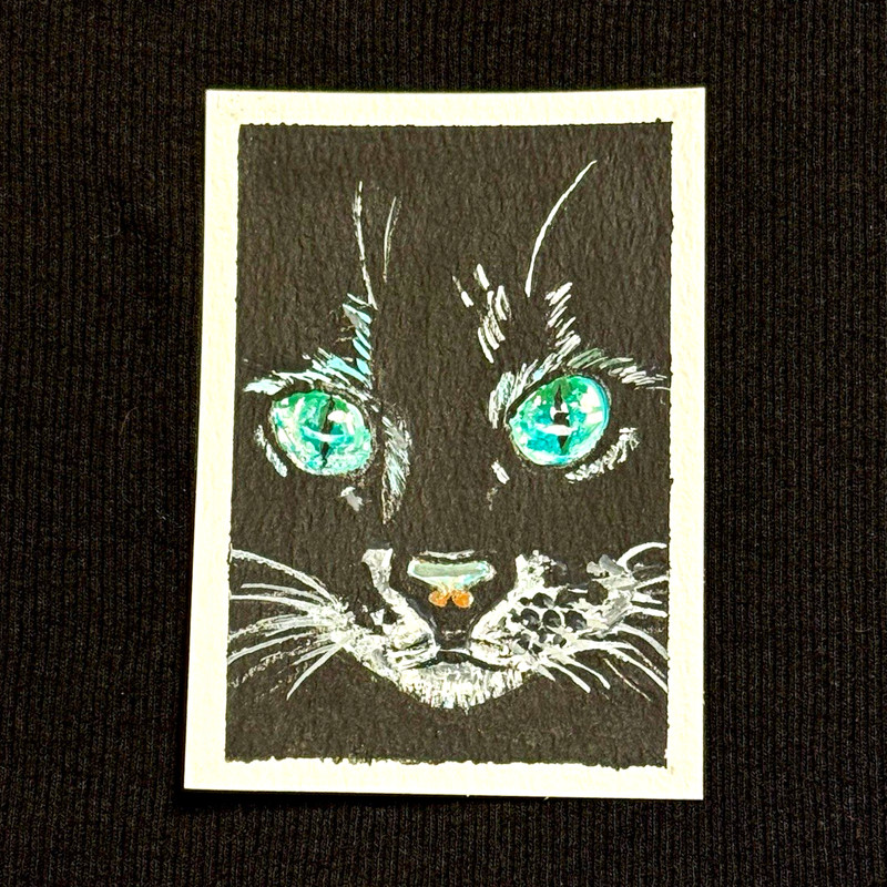 ACEO Original Art - Black Cat, Green Eyes, Animals - Acrylic 2.5x3.5 by M.A.R