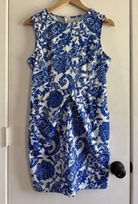 Blue & White Floral Paisley Dress Wrinkle Resistant Pockets Large Fits 8/10 NEW