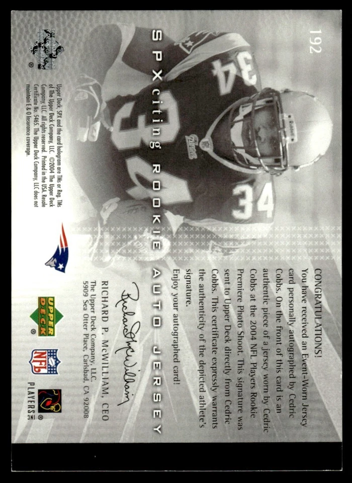 2004 SPX ROOKIE JERSEY AUTO Cedric Cobbs Rookie Auto 0896/1499 New England - Image 2 of 2