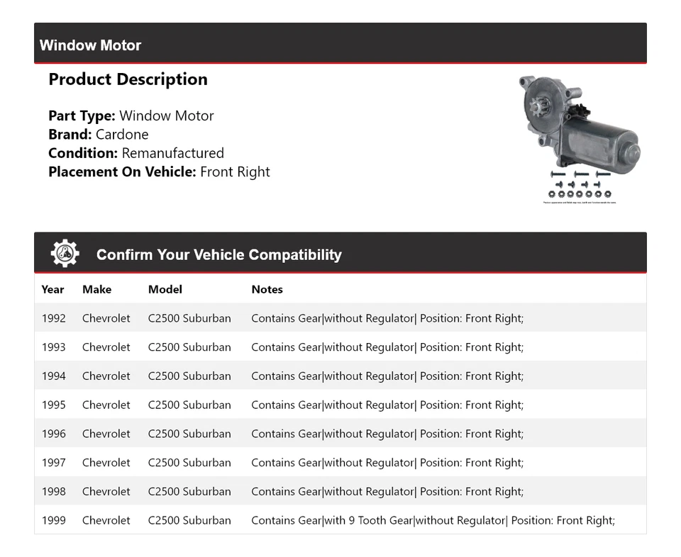For 1992-1999 Chevrolet C2500 Suburban Window Motor Front Right Cardone 1993 - Image 2 of 4