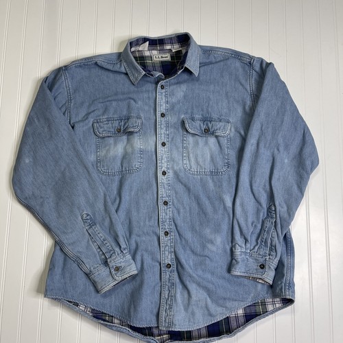 VintageLL Bean Size XLT Flannel Lined Denim ShirtBlue & Green Flannel