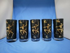 Set of 5 EUC Josephine Baker Black Frosted & Gold Bar Glasses Federal Glasswear 
