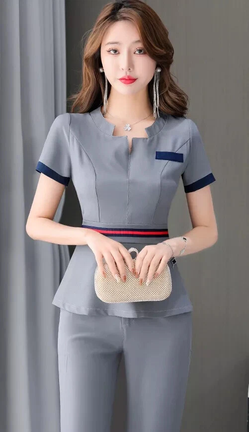 Uniforme Set de Trabajo Cosmetólogo Camisa Suéter Pantalones Gris Rojo Slim - Imagen 3 de 4
