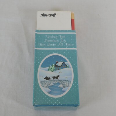 Russ Berrie Christmas Note Paper Pencil Set New Box Blue Winter Sledding Scene