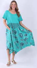 NEW ITALIAN LAGENLOOK AQUA BLUE CIRCLE PRINT COTTON DRESS PLUS SIZE 14 TO 20