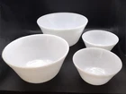 Vintage Federal Milk Glass Double Band F Shield Mixing Bowls 8" 7" 5"x2 Set of 4