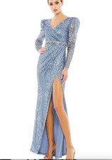 MAC DUGGAL 93549 SEQUIN PUFF SLEEVE SURPLICE SLATE BLUE GOWN sz 8