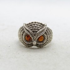 Sterling Silver 925 Orange Gemstone Eyed Owl Bird Ring Size 6.5 K4673