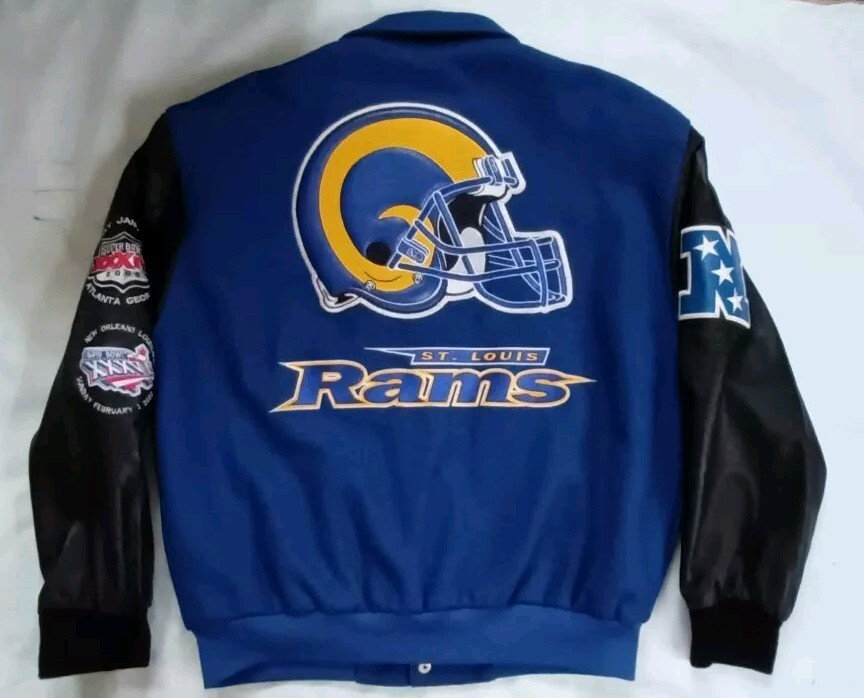 VTG JEFF HAMILTON ST.LOUIS RAMS WOOL BLEND WITH LEATHER SLEEVES