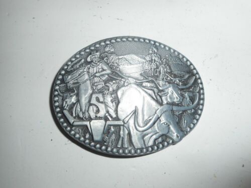 Vintage ADM Zee Series Cowboy Long Horn Bull Brass Belt Buckle 3"x4"