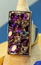 Natural Amethyst, Aquamarine  Swiss Blue Topaz 925 Sterling Silver Ring 7.5