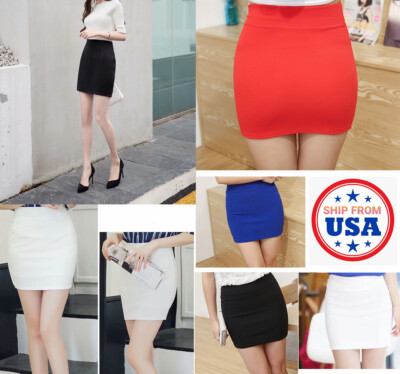 Women Mid Waist Pencil Mini Pleated Skirt Stretch Office Lady Bodycon Tight Fit