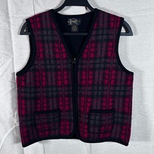 Vintage Requirements Womens Red Black Plaid 100 Wool Full Zip Knit Vest Small