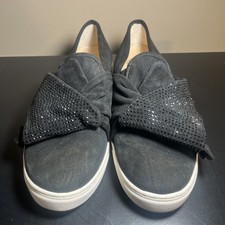 Vince Camuto Barita Black Suede Jeweled Studded Slip-On Sneaker Size 7W/37