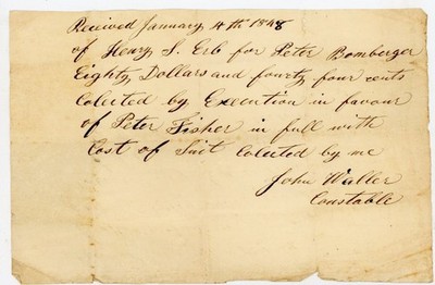1848 Constable Receipt Execution Payment John Waller Signed West Hempfield PA