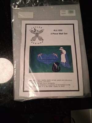  Vintage LuvLee Designs Plastic Canvas Kit 3 Piece Wall Set Heart Cat Lady