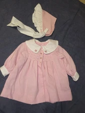 Vtg POLLY FLINDERS Dress Jacket Coat & Bonnet Hat Pink w/ LACE Trim - 18 m - USA