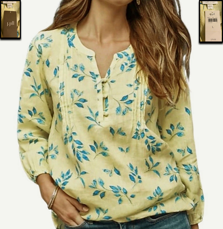 NWT! J JILL LOVE LINEN YELLOW BLUE FLORAL PLEAT PINTUCK SHIRT BLOUSE TUNIC TOP L