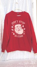 Merry Christmas Santa Sweatshirt Mens L Don't Stop Believing Red Holiday Gildan