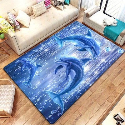 800G/M2 Printed Carpet Featuring Dolphins in Blue Water, Suitable for Kitchens,