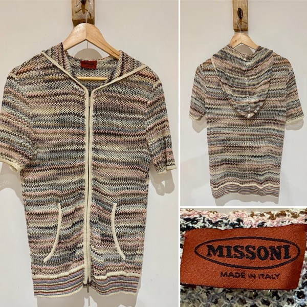 Camiseta sin mangas tejida con capucha frontal con cremallera Missoni de colección rara para hombre talla 50