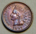 1897 Indian Head Penny Cent - AU / UNC Full Liberty With 4 Diamonds # 1124