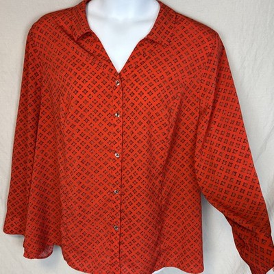 Catherines Womens 1X 18/20W Buttoned Blouse Red/Orange Geometric Plus Top