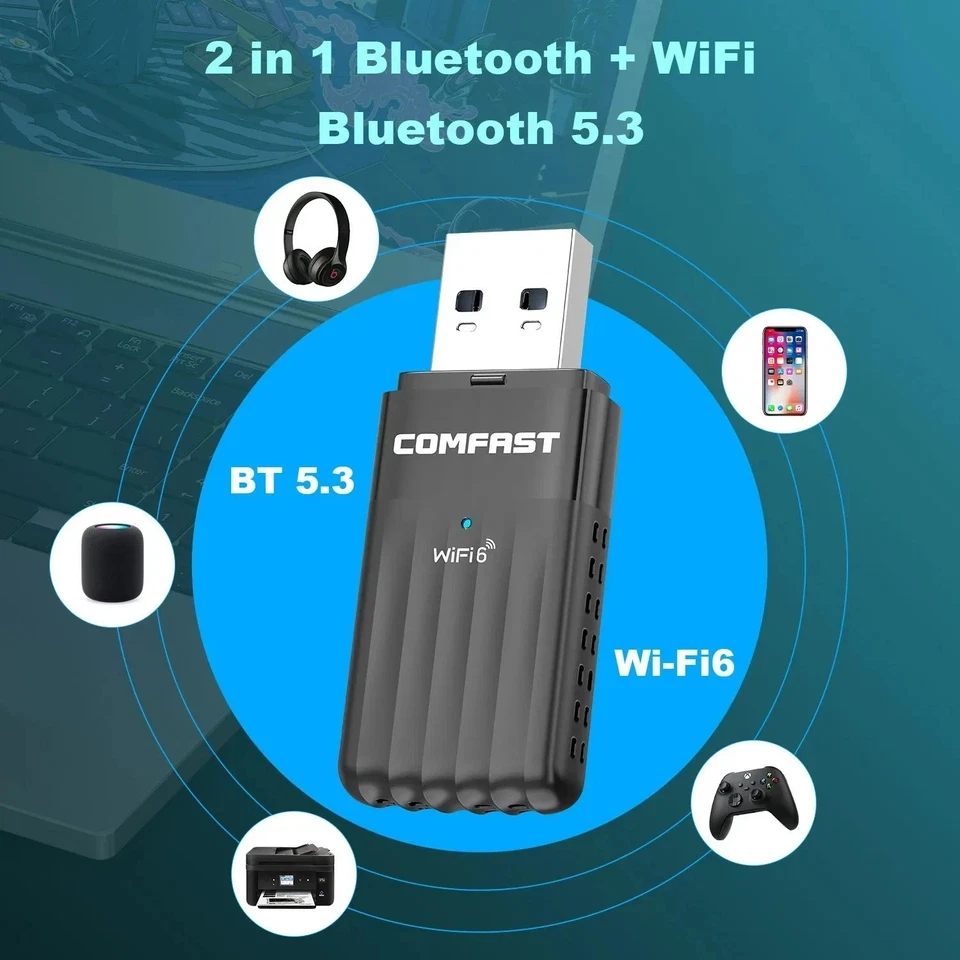 WiFi 6 AX900 USB Adapter Bluetooth 5.3 Dual Band 2.4G/5GHz 900Mbps Win10/Win11 - Image 3 of 4