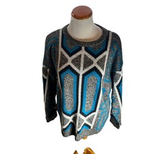 Vintage Eclectic Grandpa Retro 80s 90s Style Geometric Blue Gray Sweater Large