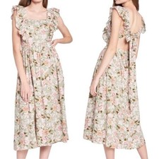 En Saison Maris Green Floral Midi Dress Medium tie back ruffle flowy retro sage