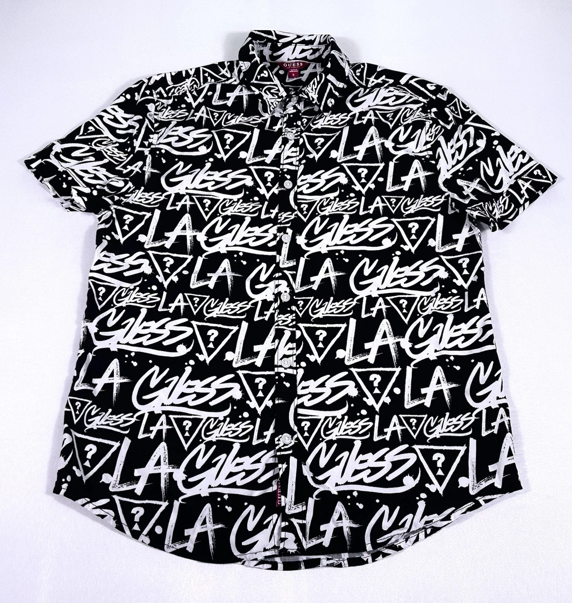 Camisa Guess Para Hombres S Negra Blanca LA Graffiti Estampado Rayón Elastizada SS Abotonada