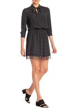 DAVID NAMAN Black Stars Jacquard Neck Tie Blouson Lace Acetate Silk Dress 38 4 S