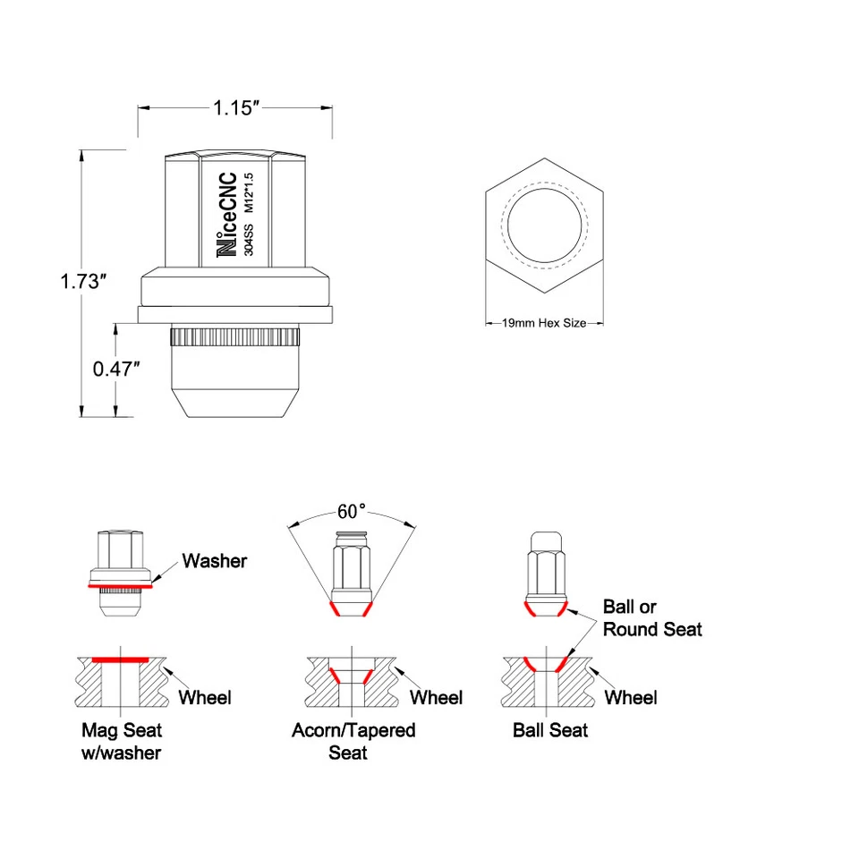 NiceCNC 20X 12x1.5 Wheel Lug Nuts Stainless for Lexus GS300 GS350 GS400 RC300 - Image 2 of 4