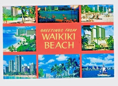 Postcard Greetings Waikiki Beach Multiple Hotel Views  P/U 1980 Chrome 2A