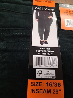 その他 K Well Worn Women's High Rise Soft Corduroy Skinny Pant, Green 16/36