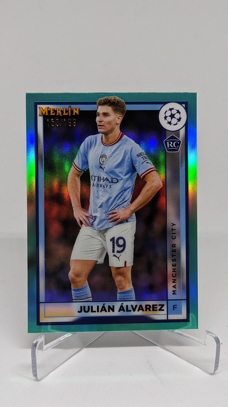 2022-23 Topps Merlin Chrome UEFA Julian Alvarez Aqua #/199 Rookie RC #94