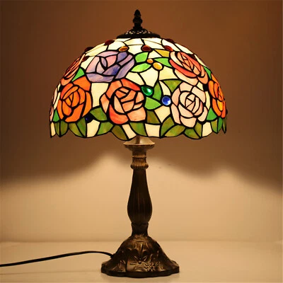 LINKPAL Rose Flower Style Tiffany Table Lamp Stained Glass Desk Light for Home Decor 18"
