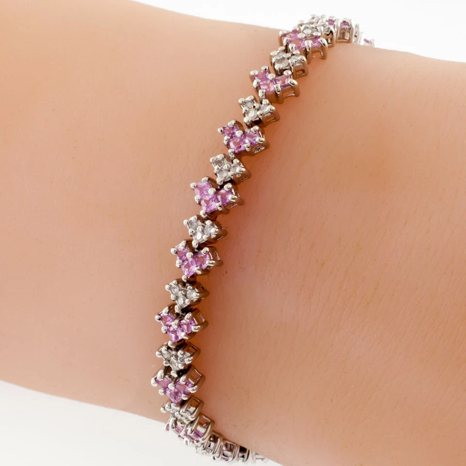 Brazalete tenis oro blanco 10k diamantes y amatista rosa TDW = 8,28 quilates Foto 2 de 4