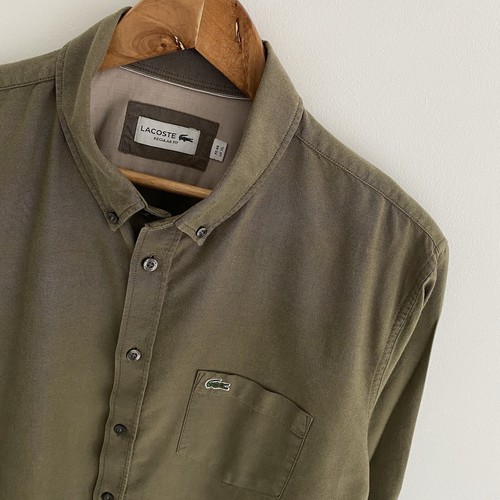 Lacoste Hemd Größe FR44 L Large Herren Khaki Grün Einfarbig Regular Fit Langarm