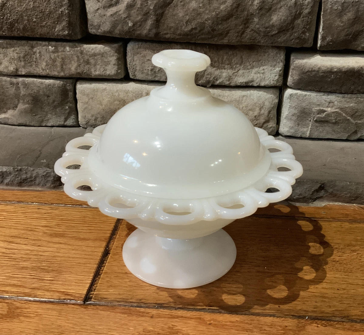 MILK GLASS Vintage compote candy dish w Lid scalloped lace edge Old Colony