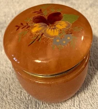 VTG 1970's LEFTON Peach Alabaster Hinged Lid Trinket/Ring Dish-Purple Floral-EUC