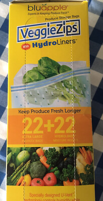 Bluapple VeggieZips 22 Produce Bags + Hydro Liners Keep Veggies Fresh Reusable