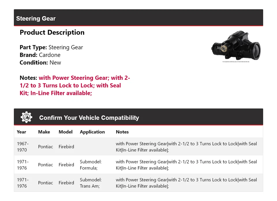 Engranaje de dirección Cardone para Pontiac Firebird 1967-1976 1968 1969 1970 1971 1972 Foto 2 de 4