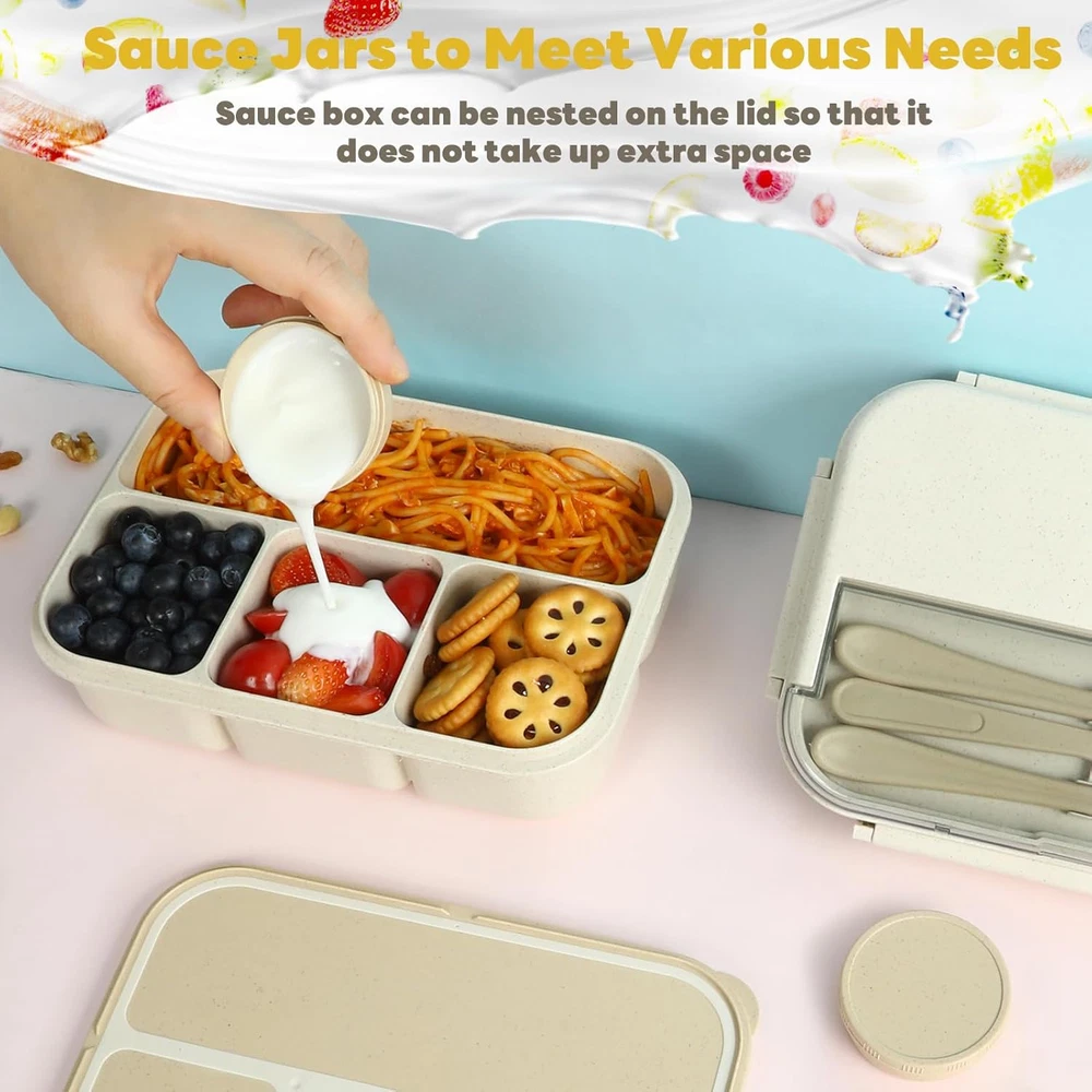 Bento Lunch Box for Kids, Wheat Straw 5.5 Cups Leakproof Adult Bento Box with 2