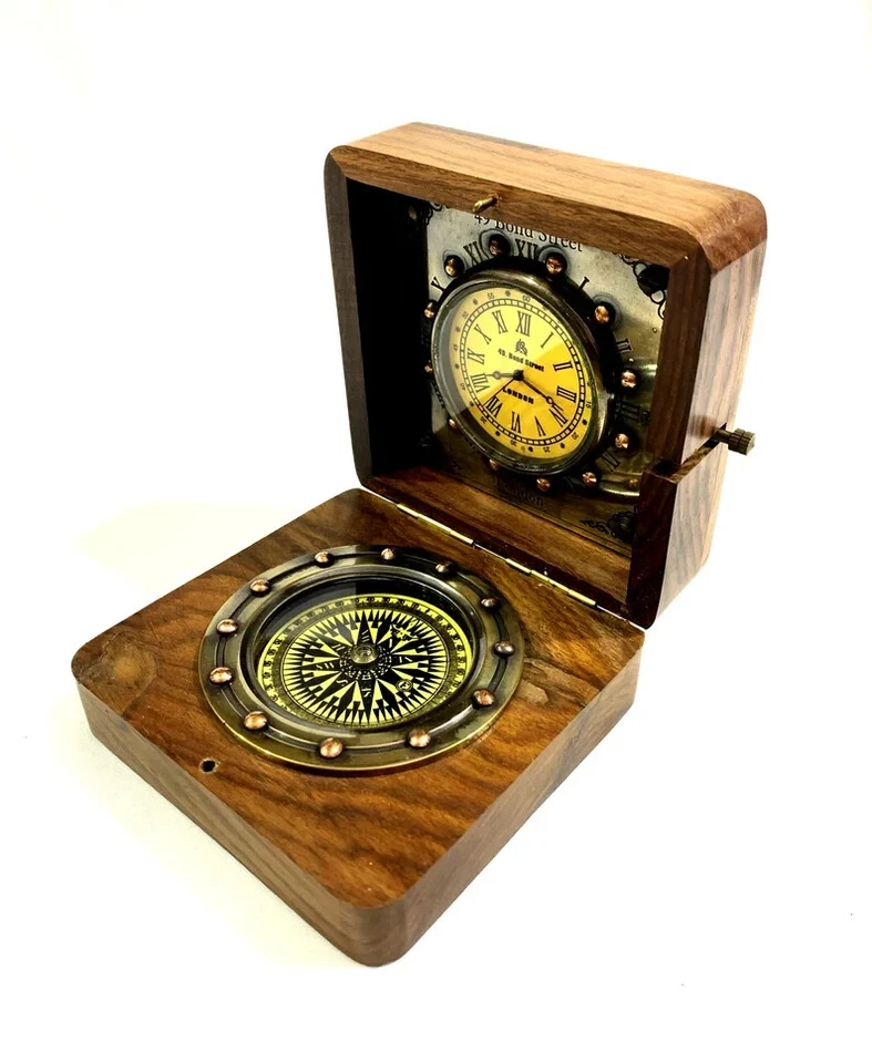Vintage Wooden Engraved Clock & Compass Antique Nautical Decorative Compass Gift Foto 2 de 4