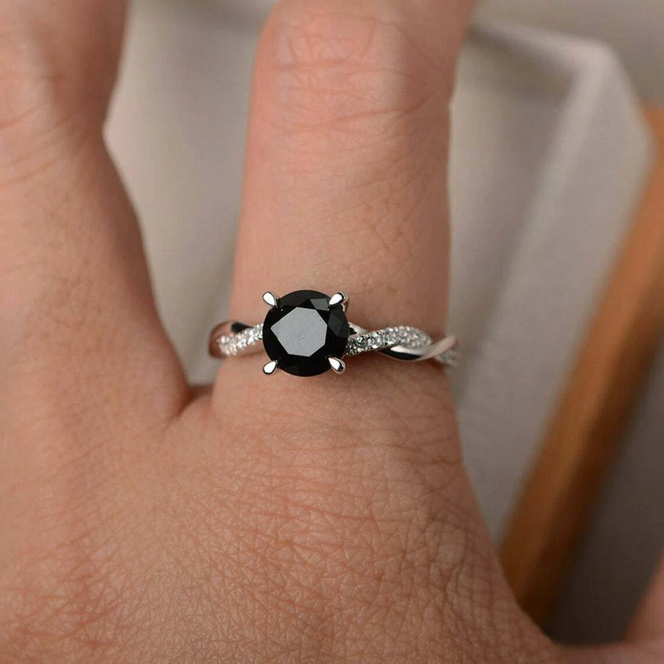 2 Ct Round Black Diamond Engagement Ring in Real 14K White Gold Solid Simulated - Image 2 of 4