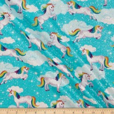 Fabric Unicorns Enchanted Glitter on Aqua KAUFMAN Cotton 1/4 yard 4770